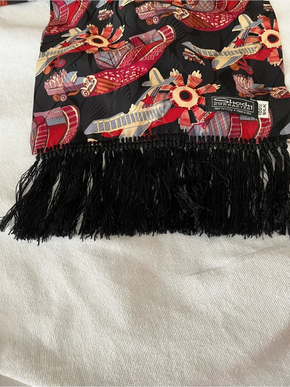 RARE Vintage Shady Character 100% SILK Fringe Scarf Made In New York USA
